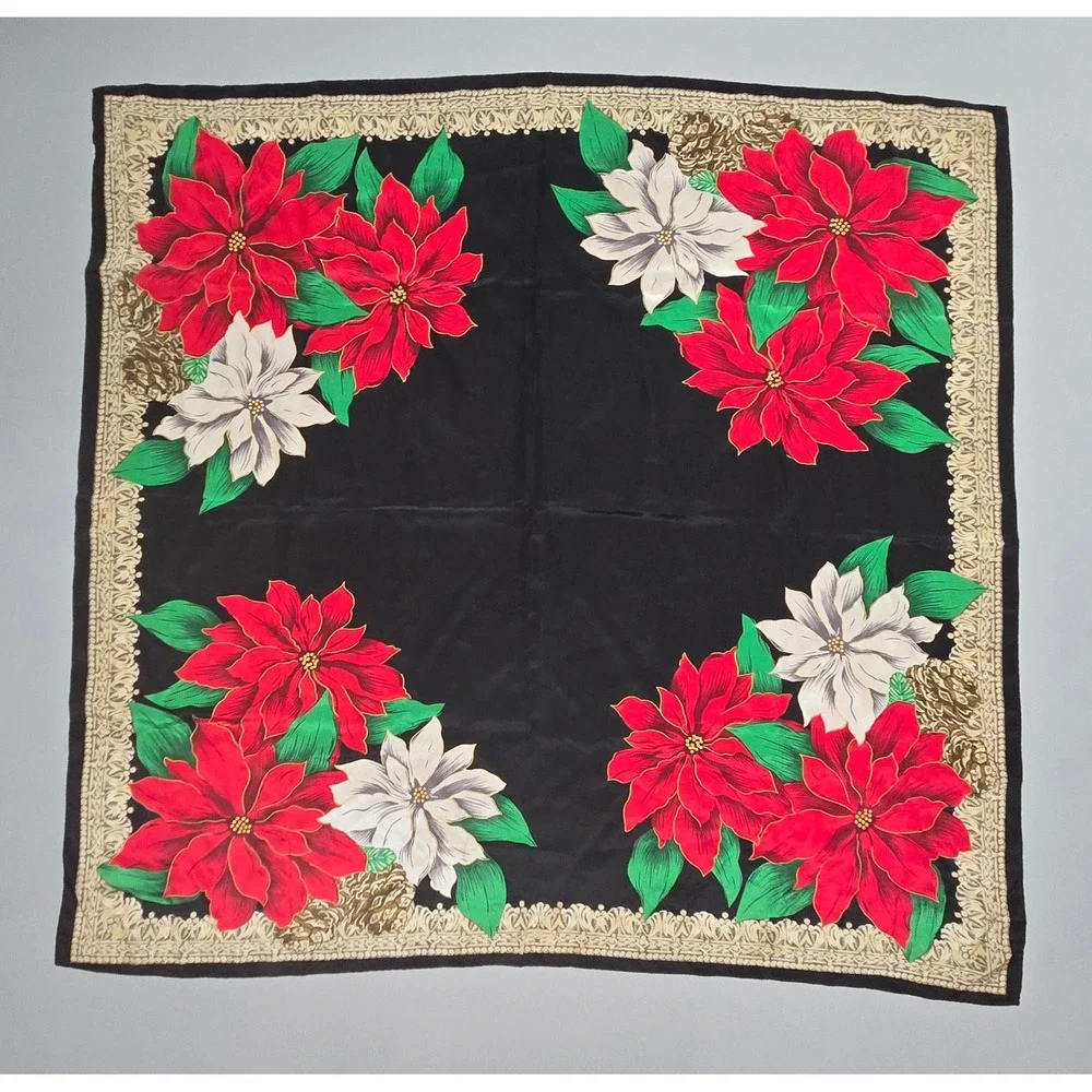 Vintage Christmas Poinsettia Floral Scarf 35x33 Black Red White Holiday Poly